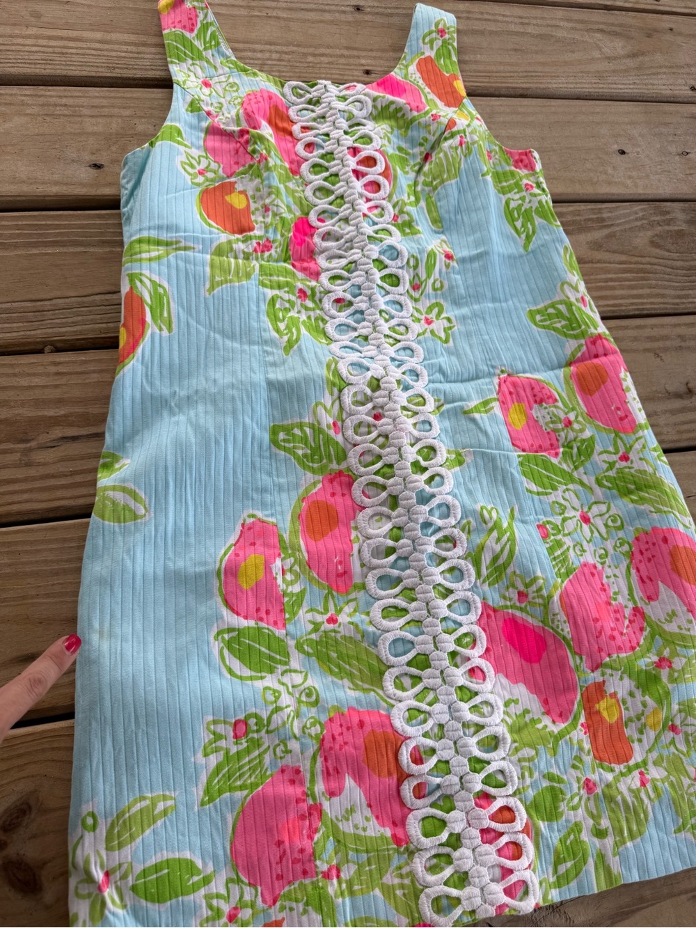 Lilly Pulitzer Blue Pink Floral Shift Dress White Lace Trim Sleeveless - Picture 5 of 11
